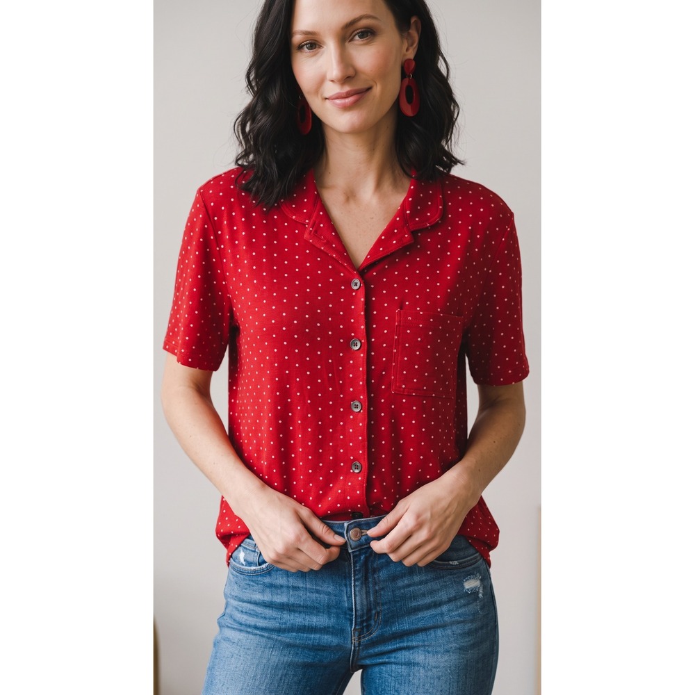 VTG Norm Thompson Red Polka Dot Short Sleeve Blouse XL Made in USA Retro Indie